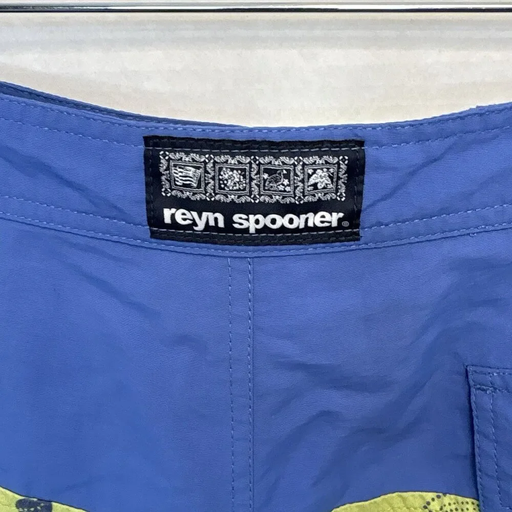 Reyn Spooner Swim Trunks Mens 38 Board Short Floral Tropical Blue Yellow Stripes